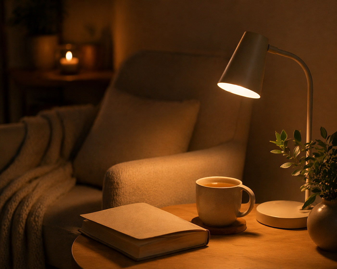 Detail čtecí lampičky a stolku s hrnkem čaje v klidném domácím koutě