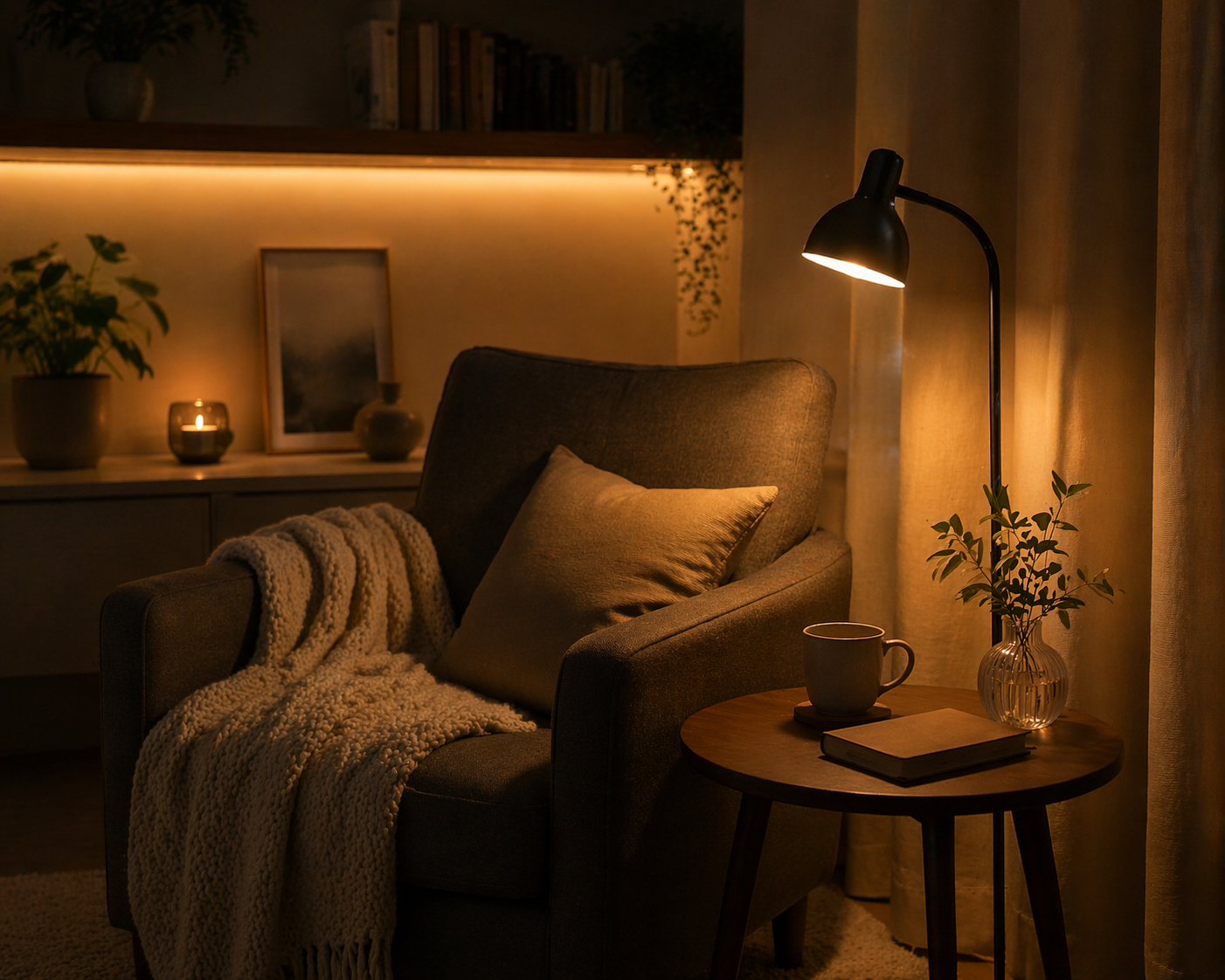 Malý klidný kout doma s křeslem, dekou a teplým večerním světlem